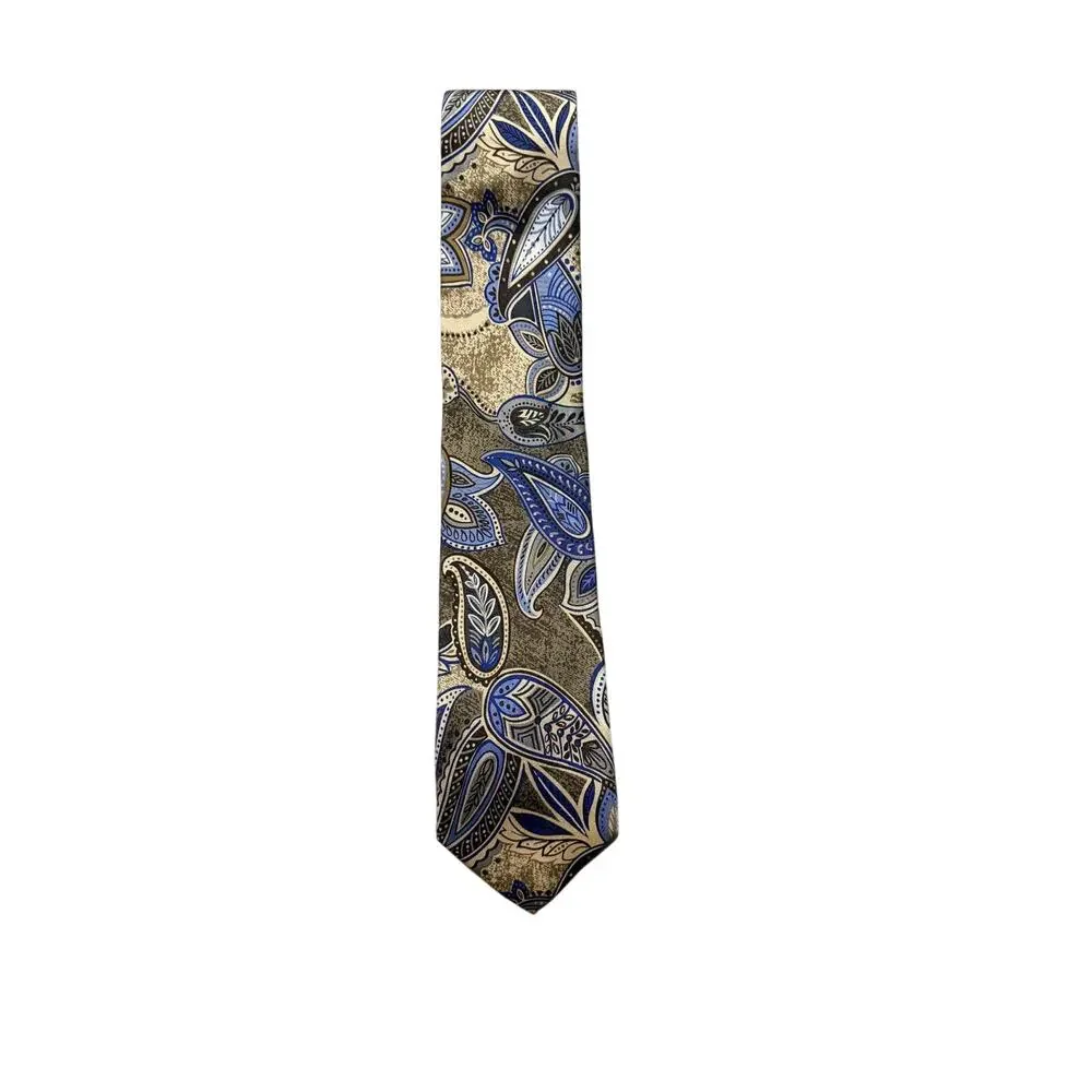 Tommy Bahama Mens Silk Necktie Blue Green Yellow Paisley Pattern 100% Silk